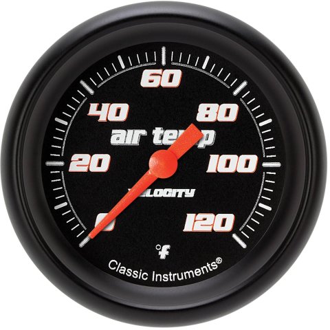 Classic Instruments Velocity Series Gauges VS399BBPF Gauges, Series, Air Temperature, 0-120 degrees F, Analog, Electrical, 2 5/8 in., Black Face, White Numbers, Matte Black Bezel, Each