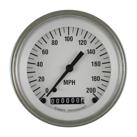 Classic Instruments White Hot Series Speedometers WH57SLC Speedometer, Series, 3 3/8 in. Diameter, 0-200 mph, Analog, Electrical, Curved Face, Each