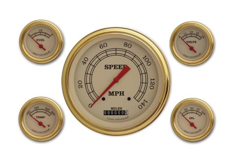 Classic Instruments Vintage Series Gauge Sets VT54GLC Gauge, Vintage, Analog, Electronic, Speedometer, Fuel, Oil, Volt, Water, 5 / 2 1/8 in., Cream Face/Gold Bezel