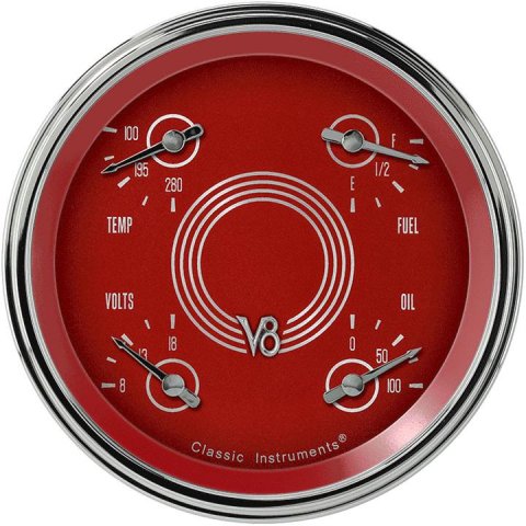 Classic Instruments V8 Red Steelie Series Gauge Sets V8RS78SLC Gauge, Series, Analog, Electrical, Fuel, Oil, Volt, Water, 4 5/8 in. Diameter, Face, Each