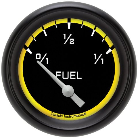 Classic Instruments Auto Cross Yellow Series Gauges AX214YBPF Gauges, Series, Fuel Level, 0/1-1/1, Analog, Electrical, 2 5/8 in., Black Face, White Numbers, 0 ohms Empty, 30 ohms Full, Each