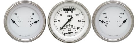 Classic Instruments White Hot Series Gauge Sets WH34SLC Gauges, Hot, Speedometer, Tach, Water Temperature, Fuel Level, 3 3/8 in., Face, Analog, Set of 3