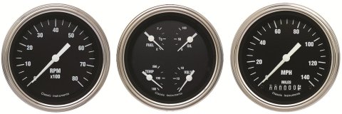 Classic Instruments Hot Rod Series Gauge Sets HR03SLF Gauges, Rod, Speedometer, Tach, Water Temperature, Fuel Level, 3 3/8 in., Black Face, Analog, Set of 3