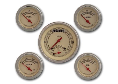 Classic Instruments Vintage Series Gauge Sets VT35SLC Gauges, Vintage, Speedometer, Tach, Water Temperature, Oil Pressure, Fuel Level, Cream Face, Analog, Set of 5