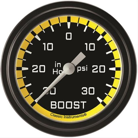 Classic Instruments Auto Cross Yellow Series Gauges AX341YBLF Gauge, Series, Boost/Vacuum, 30 in. Hg/30 psi, 2 5/8 in., Low Step Bezel, Analog, Electrical, Each
