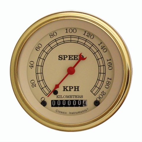 Classic Instruments Vintage Series Speedometers VT59GLF Speedometer, Series, 3 3/8 in. Diameter, 0-200 kph, Analog, Electrical, Flat Face, Each