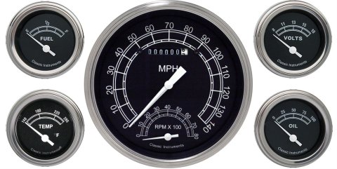 Classic Instruments Traditional Series Gauge Sets TR65SLC Gauges, Traditional, Speedometer, Tach, Water Temperature, Fuel Level, Voltmeter, Black Face, Analog, Set of 5
