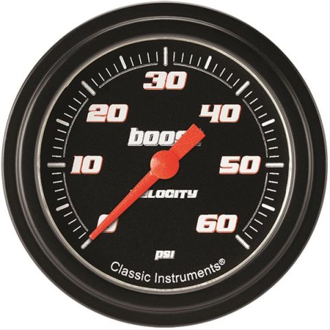 Classic Instruments Velocity Series Gauges VS343BBLF Gauge, Black Series, Boost Pressure, 0-60 PSI, 2 5/8 in., Low Step Bezel, Analog, Electrical, Each