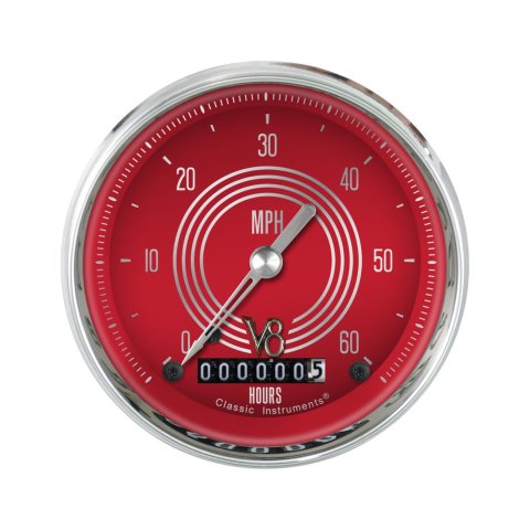 Classic Instruments V8 Red Steelie Series Speedometers LSV8RS Gauges, Speedometer, 0-60 mph, 3 3/8 in., Face, Silver Numbers, High Step Bezel and Curved Glass, Analog, Electrical, Each