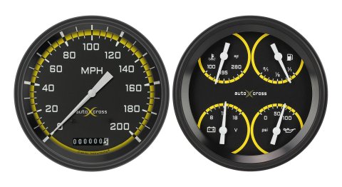 Classic Instruments Auto Cross Yellow Series Gauge Sets AX52YBLF Kits, Yellow, Analog, Speedometer, Fuel Level, Oil Pressure, Volts, Water Temp., 4 5/8 in., Black/Yellow Face, White Numbers, Kit