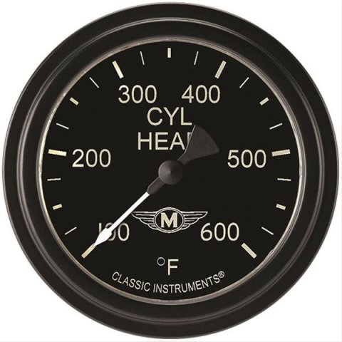 Classic Instruments Moal Bomber Series Gauges MA397BLF Gauge, Analog, Series, Cylinder Head Temp, 100-600 Degrees F, 2 5/8 in. Diameter, Black Face, Full Sweep, Each