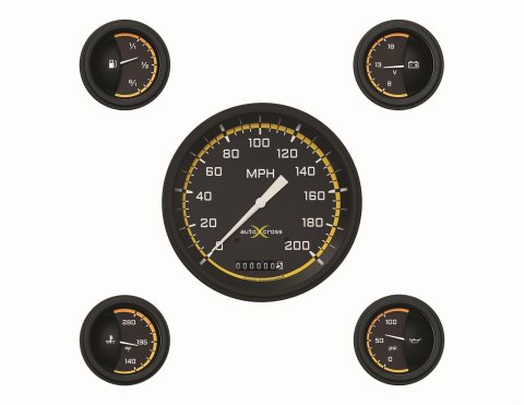 Classic Instruments Auto Cross Yellow Series Gauge Sets AX54YBLF Gauges, Cross, Speedometer, Water Temperature, Fuel Level, Black/Yellow Face, Analog, Electronic, Set of 5