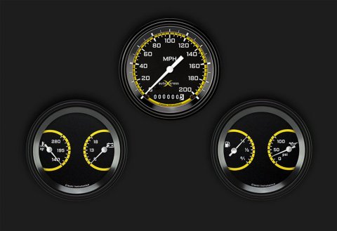 Classic Instruments Auto Cross Yellow Series Gauge Sets AX04YBLF Gauges, AutoCross Series, 3 3/8 in., Speedometer, Water Temp, Oil Pressure, Voltmeter, Fuel Level, Black Low-Step Bezel, Flat Lens, Kit thumbnail 1