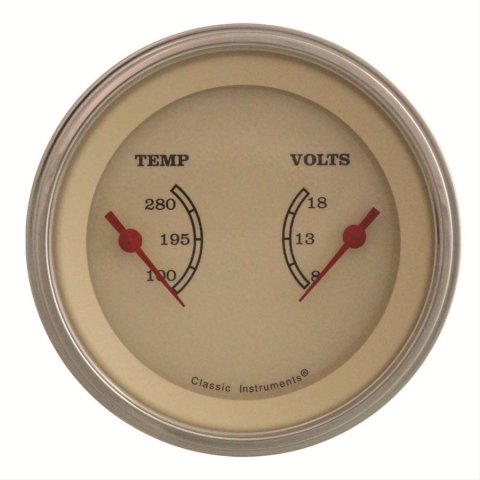 Classic Instruments Vintage Series Gauge Sets VT74SLF Gauge, Series, Dual, Water Temperature, Voltmeter, 3 3/8 in., Cream Face, Analog, Each