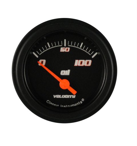 Classic Instruments Velocity Series Gauges VS81BBLF Gauge, Series, Analog, Oil Pressure, 0-100 psi, 2 1/8 in. Diameter, Black Face, Electrical, Each