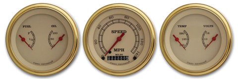 Classic Instruments Vintage Series Gauge Sets VT04GLF Gauge, Vintage, Analog, Electrical, Speedometer, Fuel, Oil, Volt, Water, 3 3/8 in. Diameter, Cream Face, Set