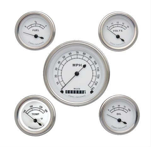 Classic Instruments White Series Gauge Sets CW00SLF Set, Series, Analog, Electronic, Face, Black Pointer, Polished Bezel, Flat Lens, Kit
