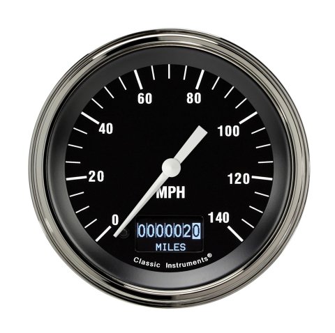 Classic Instruments Hot Rod Series Speedometers HR55DSLF Gauges, Speedometers, 0-140 mph, 3 3/8 in. Diameter, Black Face, White Numbers, Polished Bezel, Analog, Electrical, Each