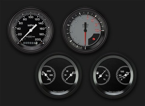 Classic Instruments Auto Cross Gray Series Gauge Sets AX05GBLF Gauges, AutoCross Series, 3 3/8 in., Speedometer, Tach, Water Temp, Oil Pressure, Volt, Fuel Level, Black Low-Step Bezel, Flat Lens, Kit