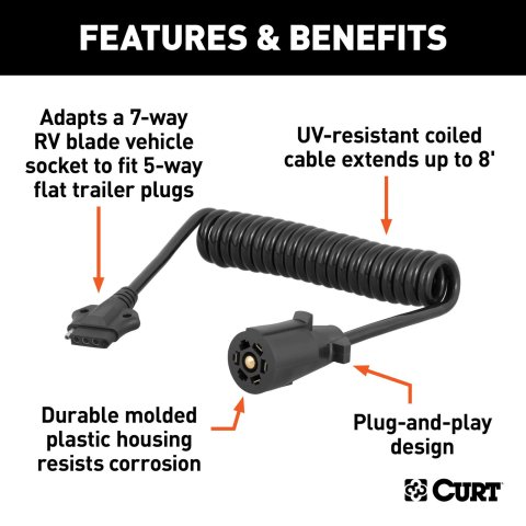 CURT Trailer Harness Adapters 57282 Vehicle Towing Adapter, Adapter, 7-Way RV Blade to 5-Way Flat, 8 ft. Cable, Universal, Each