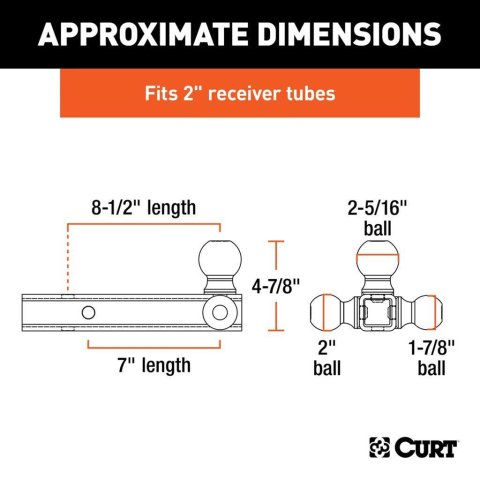CURT Triple Ball Mounts 45652 Receiver Hitch Mount, Steel, Black, 2 in. Hollow Square Shank, 10,000 lbs. Max, 0 in. Drop, 0 in. Rise, 8.50 in. Length, Each thumbnail 2
