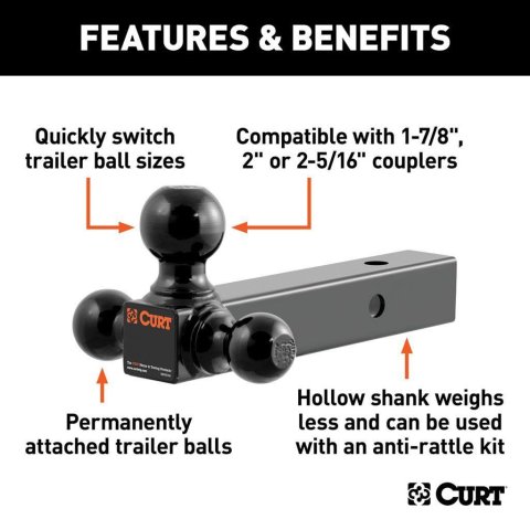 CURT Triple Ball Mounts 45652 Receiver Hitch Mount, Steel, Black, 2 in. Hollow Square Shank, 10,000 lbs. Max, 0 in. Drop, 0 in. Rise, 8.50 in. Length, Each thumbnail 3