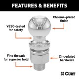 CURT Hitch Balls 40166 Ball, 2 in., 1.000 in. Shank Diameter, 2.125 in. Shank Length, 6,000 lbs. Capacity, Steel, Chrome, Each thumbnail 1