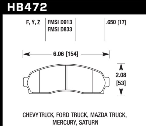 Hawk Performance Ceramic Brake Pads HB472Z.650 Pads, Ceramic, Front, Ford, Chevy, Mazda, Mercury, Saturn, Set