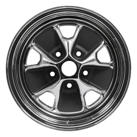 Scott Drake 1964 Mustang Styled Steel Wheels 14x5 Wheel, Styled, 14 in. x 5 in., Steel, Chrome, 3.75 in. Backspace, 5 x 4 1/2 in. Bolt Pattern, Each