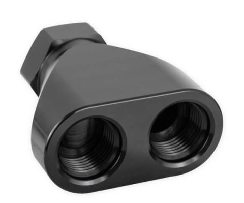 Earl's Performance Fuel Distribution Blocks 100161ERL Block, Y-Type, Billet Aluminum, Black Anodized, -10 AN O-Ring Female Inlet, -8 AN O-Ring Female Outlets, Each thumbnail 3