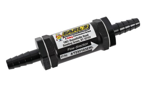 Earl's Performance Inline 35 Microns Fuel Filter with 5/16 in., 3/8 in. Inlet Size AT230103ERL Filter, Inline, Aluminum Housing, Black Anodized, Sintered Bronze Element, 4.625 Overall Length, Each