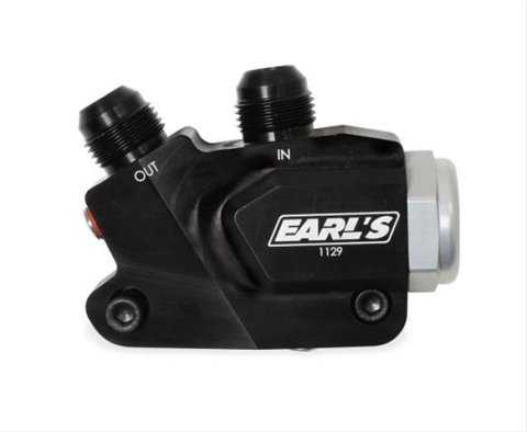Earl's Performance Oil Cooler Adapters 1129ERL Adapter, Right Angle, -10 AN Inlet, -10 AN Outlet, Billet Aluminum, Black Anodized, 180 Degree Thermostat, Hardware, Each thumbnail 2