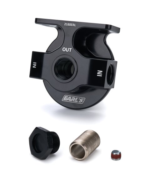 Earl's Performance Remote Oil Filter Mounts 2188ERL Mount, Remote, Billet Aluminum, Black Anodized, Two -10 AN O-ring Female Threads Inlets, One -10 AN Female Threads Outlets, Each thumbnail 7