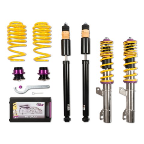 KW Variant 1 Coilover Kits 10210005 Kits, 1, 0.8 - 1.8 in. Lowered Front, 0.8 - 1.8 in. Lowered Rear, Natural/Purple Shocks, Yellow Springs, Audi, Volkswagen, Kit thumbnail 2