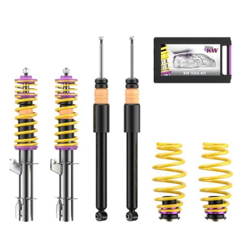 KW Variant 1 Coilover Kits 10210005 Kits, 1, 0.8 - 1.8 in. Lowered Front, 0.8 - 1.8 in. Lowered Rear, Natural/Purple Shocks, Yellow Springs, Audi, Volkswagen, Kit thumbnail 3