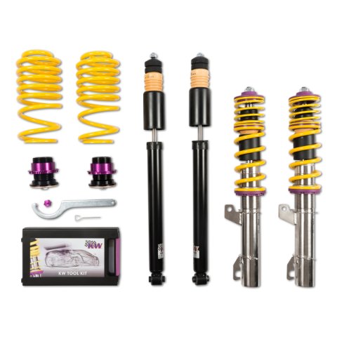 KW Variant 1 Coilover Kits 10210005 Kits, 1, 0.8 - 1.8 in. Lowered Front, 0.8 - 1.8 in. Lowered Rear, Natural/Purple Shocks, Yellow Springs, Audi, Volkswagen, Kit thumbnail 4