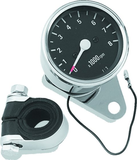 Biker's Choice Mechanical Mini Tachometers 493316 Powersports Gauges, Tachometer, Analog, 2.50 in. Diameter, Chrome, Black, White Numbers and Pointers, Chrome Clamp, Harley-Davidson®, Sportster, Each thumbnail 1
