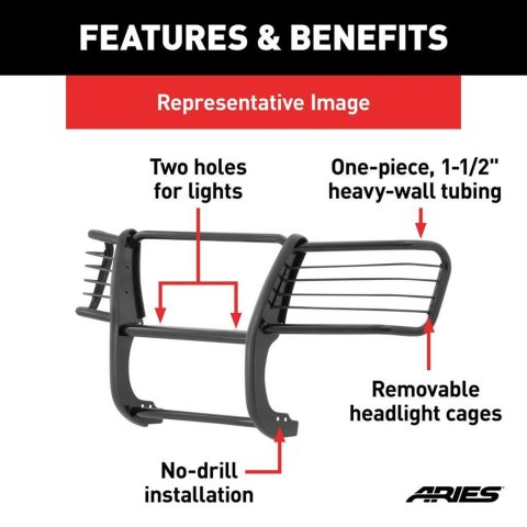 Aries Automotive Grille Guards for 2019-2024 1500 - 5060 Guards, Brush Guard, Steel, Black Textured Powdercoat, Ram, Each