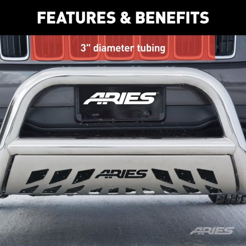 Aries Automotive 3 in. Bull Bars for 2019-2024 1500 - 35-5008 Grille Guard, Bar with Skid Plate, Ram, Stainless, Polished, Each thumbnail 1