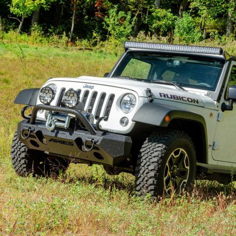 Aries Automotive TrailChaser Front Bumper with Corner and Brush Guards for 2007-2017 WRANGLER, 2018 WRANGLER JK - 2082054 Bumpers, Fabricated, Aluminum, Black Powdercoated, Textured, Front, Center Section, Guards, Guard, Jeep, Kit