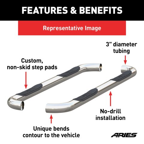 Aries Automotive 3 in. Round Side Bars 203046-2 Step Bars, Diameter, Stainless Steel, Polished, Ford, Pair thumbnail 5