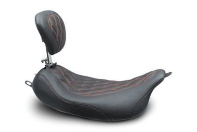 Mustang Motorcycle Products Wide Tripper Solo Double Diamond Stitched Seats 79727AB 08-21 Harley FL Touring Pass Seat w/ Dr Backrest, Red Stitch - Black thumbnail 1