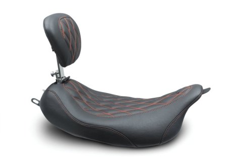 Mustang Motorcycle Products Wide Tripper Solo Double Diamond Stitched Seats 79727AB 08-21 Harley FL Touring Pass Seat w/ Dr Backrest, Red Stitch - Black thumbnail 2