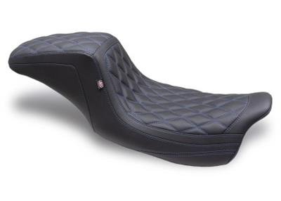 Mustang Motorcycle Products Squareback Double Diamond Stitched Seats 75299SB 08-24 HD FL Touring 1PC Seat - Black w/ Blue Stitching