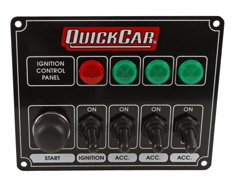 QuickCar Ignition Control Panels 50-826 Electrical Switch Panels, Panels, 3 Switches, Lighted, Toggle Style, Push Button Starter Switch, Aluminum, Black, Dash Mount, Each