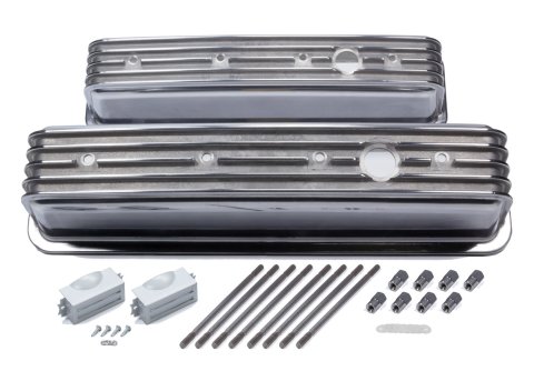 Mr. Gasket Cast Aluminum Valve Covers 6856G Covers, Centerbolt Mounting, Aluminum, Tall, Polished, Finned Top, Chevy, 5.0L, 5.7L, Pair thumbnail 2