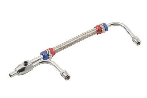 Mr. Gasket Chrome Gas Lines 1556G Fuel Line, Braided Stainless/Aluminum, Chrome/Red-Blue Anodized, Gauge Port, Holley, 4150/4160, Dual Feed, Each