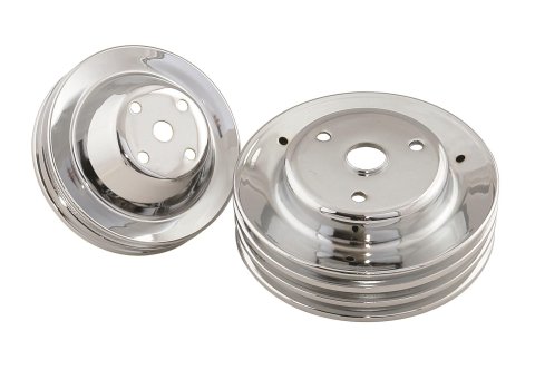 Mr. Gasket Chrome Water Pump Pulleys 4963 Pulleys, Chrome, Chevy, Small Block, Double Upper Groove Triple Lower, Long Pump, Set thumbnail 1