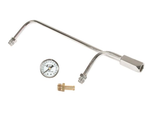 Mr. Gasket Chrome Gas Lines 1558 Fuel Line, Chrome, Dual Feed, 8.656 in. Center to Center, 3/8 in. Hose Barb Inlet, 0-15 psi Gauge, Holley, Each