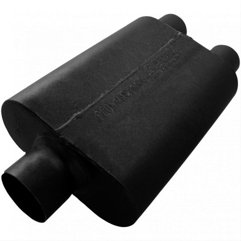 Flowmaster Stainless Steel Super 44 Series 409 3 Inch Muffler 8430452 Muffler; Delta Flow Muffler; in. Center Inlet/2.5 Dual Outlet; Case Dimensions 4 in. x 9.75 in. x 1